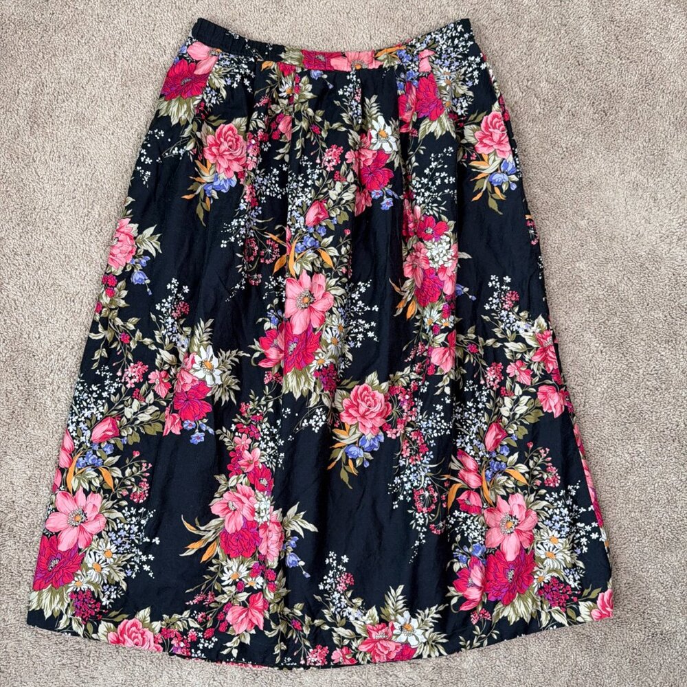 F A Chatta Ltd Skirt Womens 8 Black Pink Dark Floral Vintage Made in USA Midi